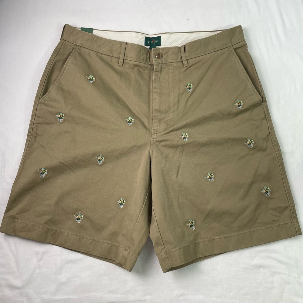 NWT J.Crew Mens Khaki Shorts High Rise Flower Embroidery Relaxed Fit Tan Size 35